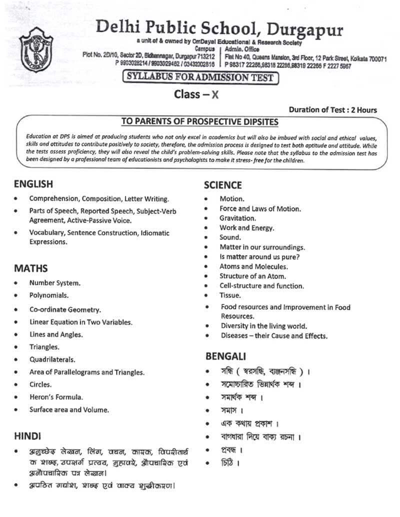 Syllabus for Admission Test, Class XI, 2021-22