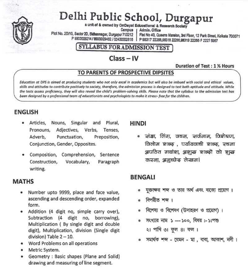 Syllabus for Admission Test, Class IV, 2021-22