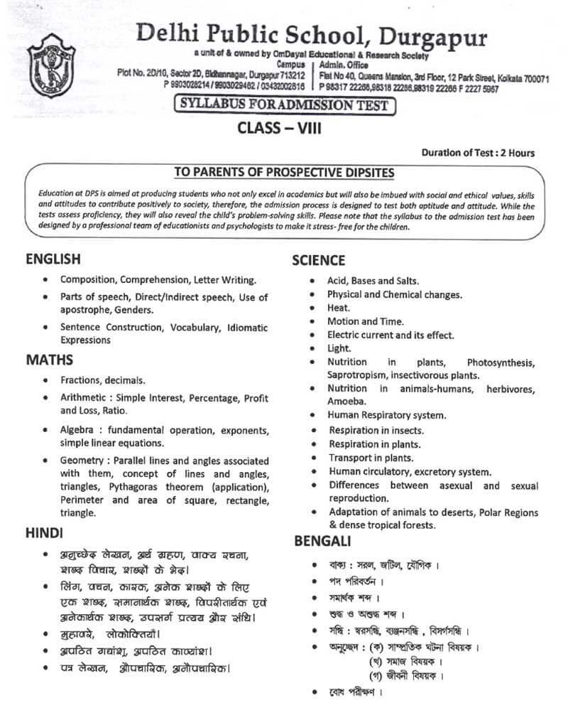 Syllabus for Admission Test, Class VIII, 2021-22