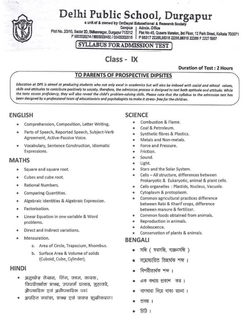 Syllabus for Admission Test, Class IX, 2021-22