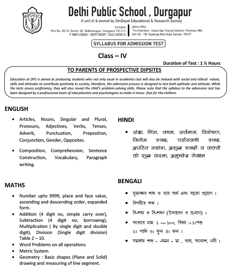 Syllabus for Admission Test, Class IV, 2024-25