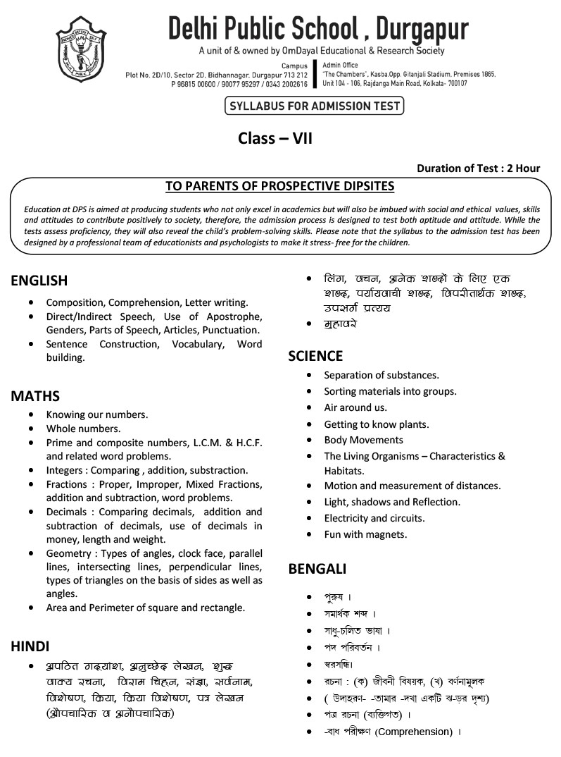 Syllabus for Admission Test, Class VII, 2024-25