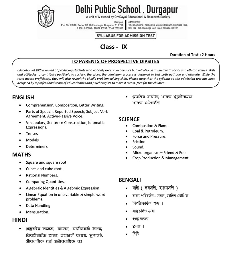 Syllabus for Admission Test, Class IX, 2025-26