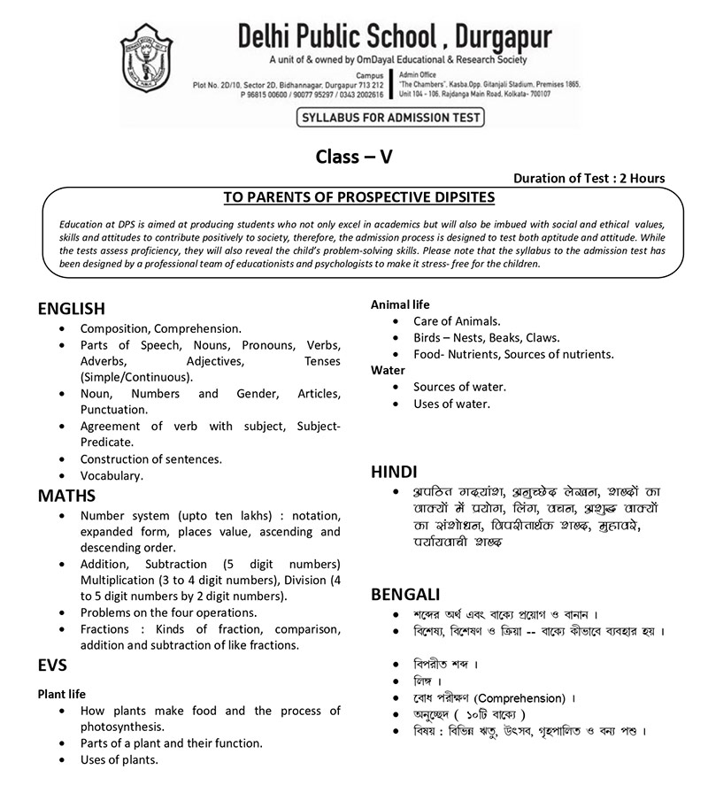 Syllabus for Admission Test, Class V, 2025-26