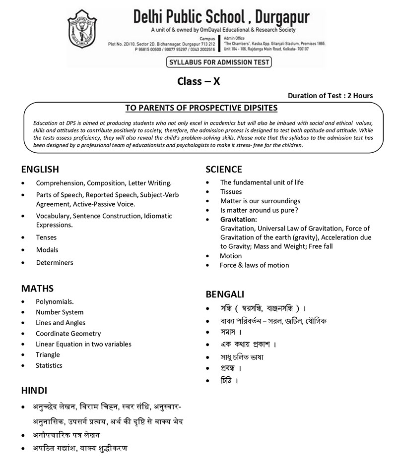 Syllabus for Admission Test, Class X, 2025-26